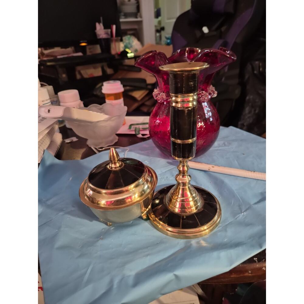 Vintage Neoclassical MCM Brass Candlestick Holder And Brass Bowl With Lid...